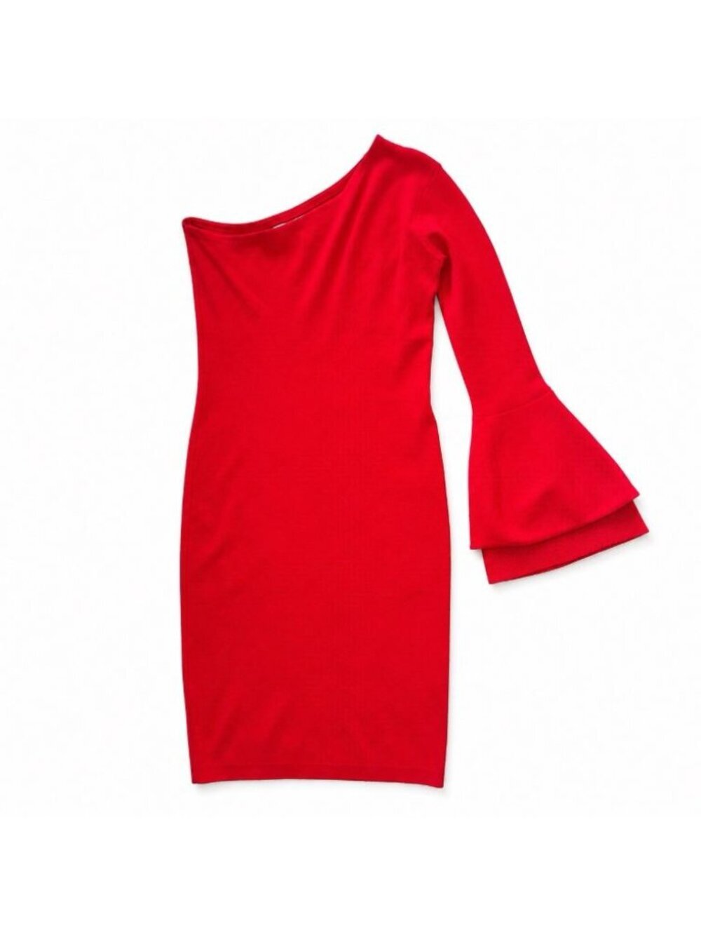Rachel Roy Red One Shoulder Dress XL Semi-Formal Cocktail Bell Sleeve Stretch - Picture 3 of 8